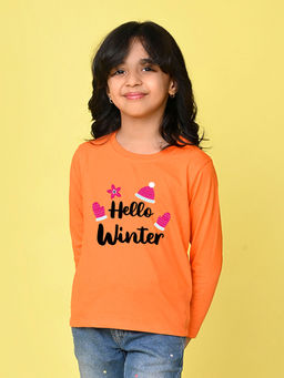 Nusyl - Girls Orange Printed Full Sleeves T-shirt