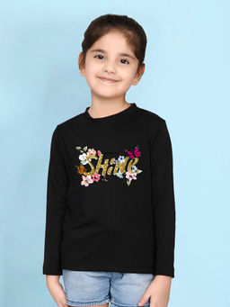 Nusyl - Girls Black Floral Printed Full Sleeves T-shirt