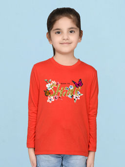Nusyl - Girls Red Floral Printed Full Sleeves T-shirt