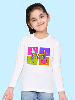 Nusyl - Girls White Graphic Printed Full Sleeves T-shirt