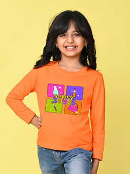 Nusyl - Girls Orange Graphic Printed Full Sleeves T-shirt