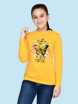 Nusyl - Girls Yellow Printed Full Sleeves T-shirt