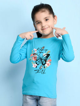 Nusyl - Girls Sky Blue Printed Full Sleeves T-shirt