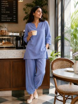 Noite Luxe - Blue Hydrangea Slow Living Linen Blend Lounge Kurta with Pyjama