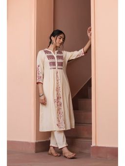 SAVI - Beige Cotton Embroidered Kurta with Pant (Set of 2)