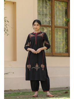 SAVI - Black Cotton Embroidered Designer Kurta with Salwar (Set of 2)