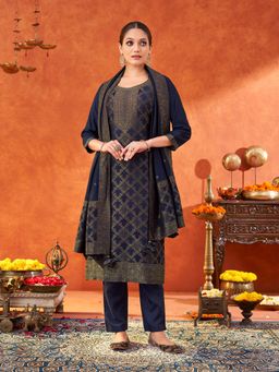 Shaily - Women Navy Pure Muslin Woven Jacquard Kurta & Pant with Dupatta (Set of 3)
