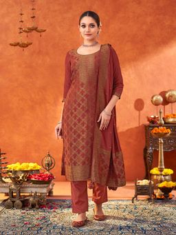 Shaily - Women Maroon Pure Muslin Woven Jacquard Kurta & Pant with Dupatta (Set of 3)