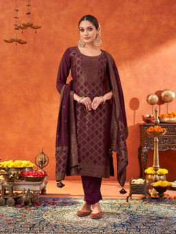 Shaily - Women Wine Pure Muslin Woven Jacquard Kurta & Pant with Dupatta (Set of 3)