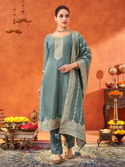 Shaily - Women Grey Pure Gold Tissue Silk Woven Jacquard Kurta & Pant with Dupatta (Set of 3)