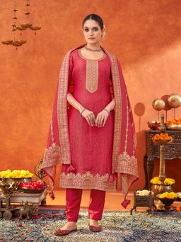 Shaily - Women Pink Pure Gold Tissue Silk Woven Jacquard Kurta & Pant with Dupatta (Set of 3)