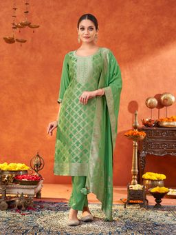 Shaily - Women Parrot Green Pure Muslin Woven Jacquard Kurta & Pant with Dupatta (Set of 3)