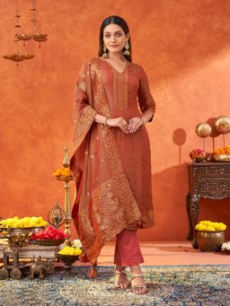 Shaily - Women Rust Pure Gold Tissue Silk Woven Jacquard Kurta & Pant with Dupatta (Set of 3) (XS)