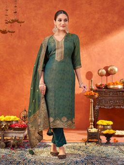 Shaily - Women Teal Pure Gold Tissue Silk Woven Jacquard Kurta & Pant with Dupatta (Set of 3)