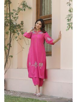 SAVI - Pink Cotton Embroidered Designer Kurta with Salwar (Set of 2)