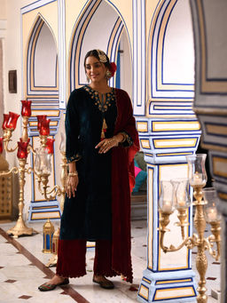 SAVI - Teal Blue Velvet Embroidered Kurta with Pant & Dupatta (Set of 3)