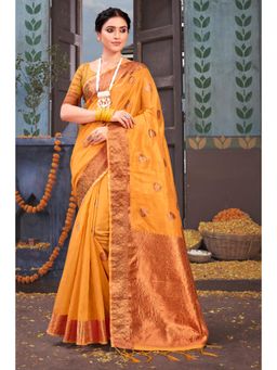 Sangam Prints - Mustard Organza Woven Zari Work Traditional Tassel Saree with Unstitched Blouse