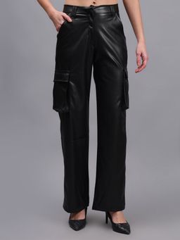 GAIIA - Faux Leather Cargo Black Pant