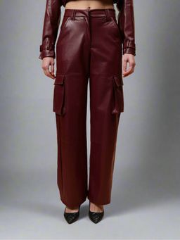 GAIIA - Faux Leather Cargo Maroon Pant