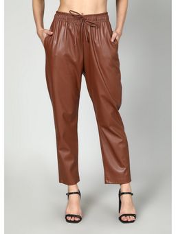 GAIIA - Faux Leather Elasticated Waist Brown Pant