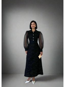 GAIIA - Long Tweed With Puff Sleeves Black Maxi Dress