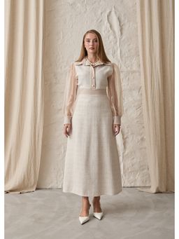 GAIIA - Long Tweed With Puff Sleeves Cream Maxi Dress
