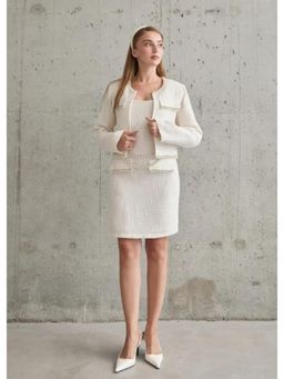 GAIIA - Pearl Striped White Knee Length Dress with Jacket