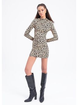GAIIA - Women Long Sleeve Leopard Print Brown Mini Dress