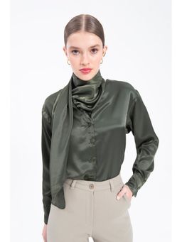 GAIIA - Collar Detailed Satin Shirt Tie Neck Crepe Green Shirt Style Top