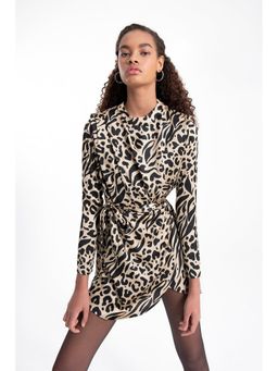 GAIIA - Stand Collar Leopard Beige Mini Dress