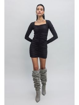 GAIIA - Women Ruched Square Neck Bodycon Black Mini Dress