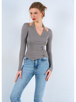 GAIIA - Pullover With Heart Buttons Grey Tops