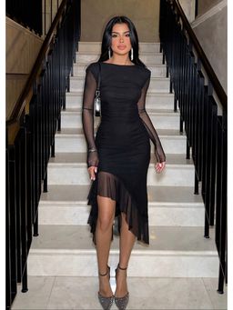 GAIIA - Long Sleeves Bodycon Black Midi Dress