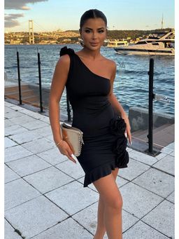 GAIIA - Black Rose Detail Strapless Black Mini Dress