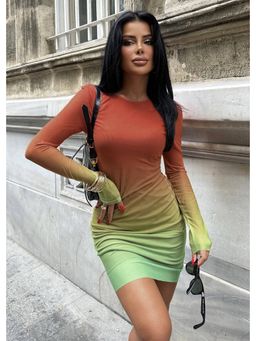 GAIIA - Long Sleeve Double Shade Orange Mini Dress