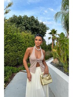 GAIIA - 3D Flower Halter Neck Crop Beige Tank Top