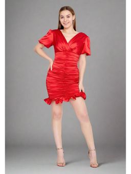 GAIIA - Wide V Neck Draped Bodycon Red Mini Dress
