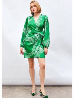 GAIIA - Satin Printed Wrap Around Green Mini Dress