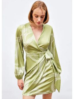 GAIIA - Satin Printed Wrap Around Green Mini Dress