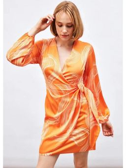 GAIIA - Satin Printed Wrap Around Orange Mini Dress