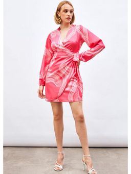 GAIIA - Satin Printed Wrap Around Pink Mini Dress