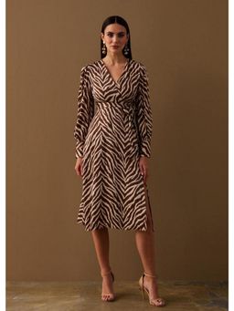 GAIIA - Zebra Print Satin Brown Midi Dress