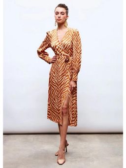 GAIIA - Zebra Print Satin Orange Midi Dress