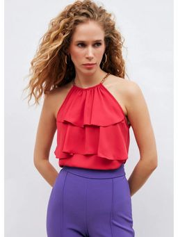 GAIIA - Halter Neck Ruffles Chain Strap Pink Tank Top