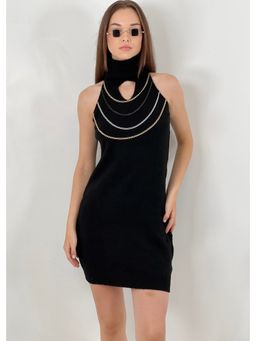 GAIIA - High Neck Chain Knitted Black Mini Dress