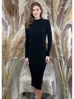 GAIIA - Slit Ribbed Knit Black Midi Dress
