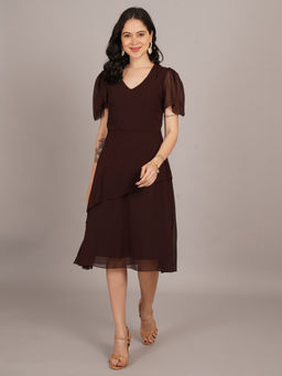 Curvydrobe - V-Neck Puff Sleeve Brown Midi Dress