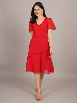 Curvydrobe - V-Neck Puff Sleeve Red Midi Dress