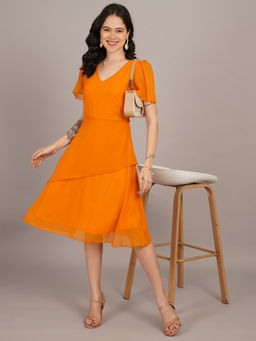 Curvydrobe - V-Neck Puff Sleeve Mustard Midi Dress