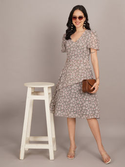 Curvydrobe - Floral V-Neck Grey Midi dress